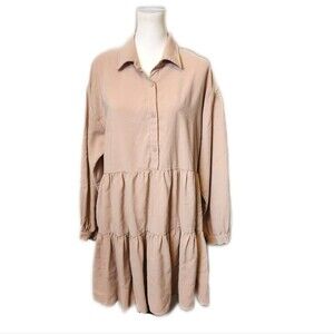 Le Lis Puff Sleeve Half Button Down Apricot Mini Dress, Tiered Skirt, M